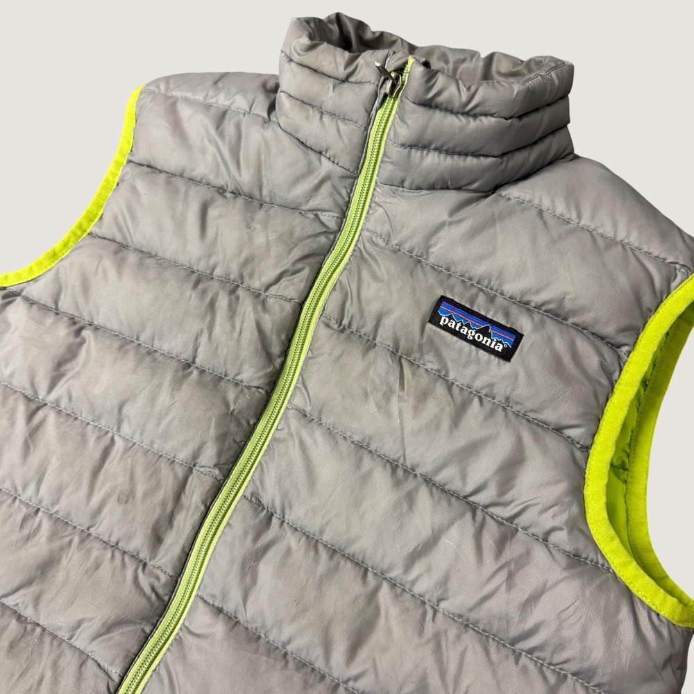 Patagonia Boys Down Sweater Vest Grey Lime Green Size Medium 10 Puffer Quilted